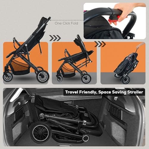 FK Sports Baby Pushchair Stroller Pram from Birth to 3 Years Lightweight Foldable Travel Buggy with 5-Point Harness, Adjustable Seat and Oversized Basket with Cup Holder Smooth Swivel Wheels (Black) — view 6