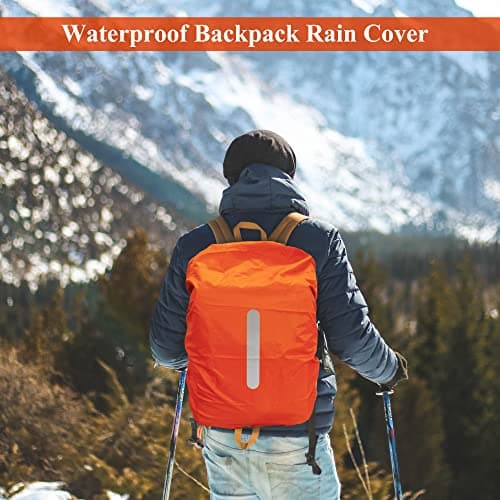 Waterproof Backpack Cover with Reflective, 15L-25L Rucksack Rain Cover with Storage bag, Rainproof Rucksack Cover for Hiking Camping Traveling Cycling (Orange, S) — view 3