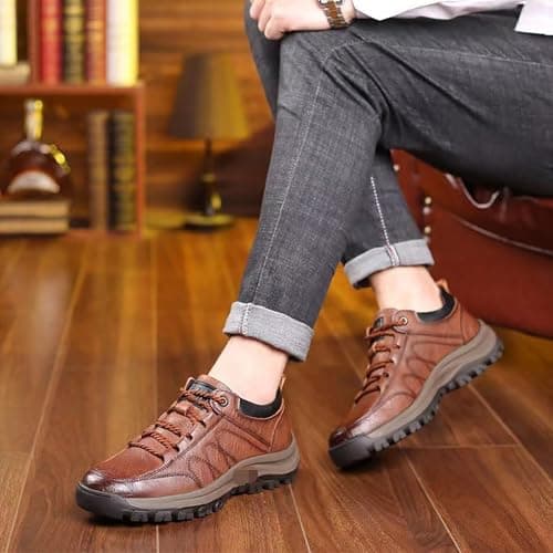 Leather Walking Shoes Men Lace Up Hiking Trainers Non-Slip Trekking Sneakers Wide Fit Mountain Trainers Low Rise Camping Sneakers Waterproof Backpacking Climbing Shoes Footwear Outdoor Coffee — view 5