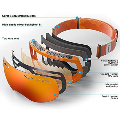 Supertrip Ski Goggles Men & Women Skiing Snowboard Goggles Over Glasses Interchangeable Lens UV400 Protection Anti-fog Snow Skate Goggles Orange Revo Red (VLT 31%) — view 4
