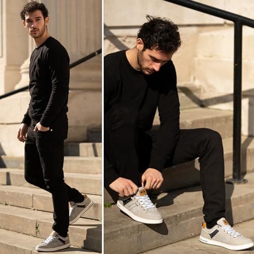 Mens Casual Shoes Leather Trainers Classic Sneakers Lace Up Walking Shoes Grey 9.5 UK — view 2