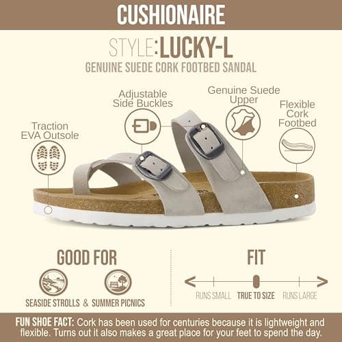 CUSHIONAIRE Lucky 100% Genuine Leather Suede Womens Sandals, Comfortable Cork Footbed Slides for Women with Adjustable Buckles, Stone, 5.5 UK Wide — view 4