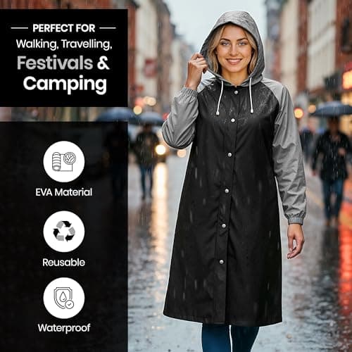 REDSTAR 2 Pack of Rain Ponchos - Long Rain Poncho Waterproof Adult Raincoats with Hood - Reusable Rain Coats for Women or Rain Coats for Men -Packable Rain Jacket for Festival Accessories (Black/Grey) — view 6