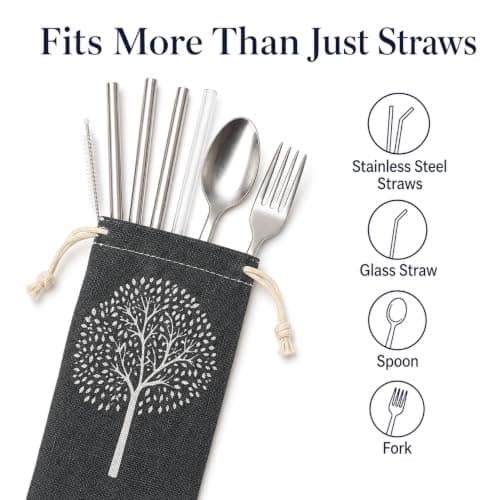 Healeved 5Pcs Reusable Straw Pouch, Cotton Linen Straw Holder Case with Drawstring Closure, Portable Travel Storage Bag for Metal Glass Bamboo Straws, Cutlery and Eco Friendly Utensils — view 4