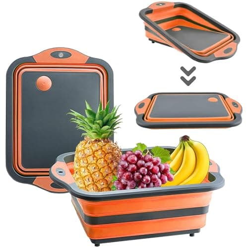 Collapsible Cutting Board with Drain for Camping Picnic BBQ Collapsible Sink Tub Dish Wash Basin Portable Dish Tub Foldable Dishpan for Home Kitchen (Black Orange) — view 2