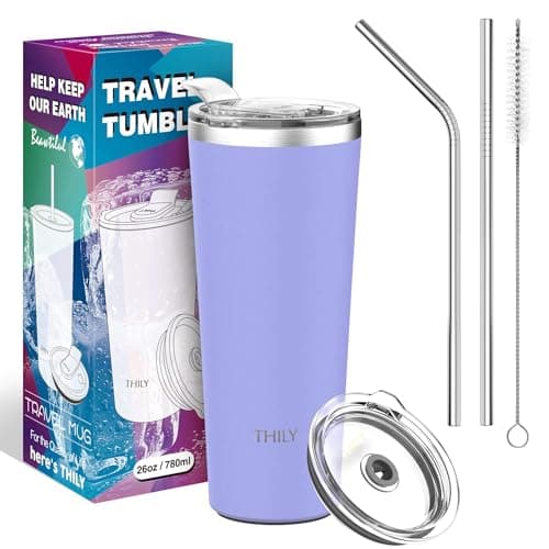 THILY Tumbler Stainless Steel Travel Mug 780 ml Triple-Insulated Coffee Cup with 2 Lids and Straws, Reusable, Powder Coated, Splash-Proof, Keep Ice Drinks Cold, Lavender — view 6