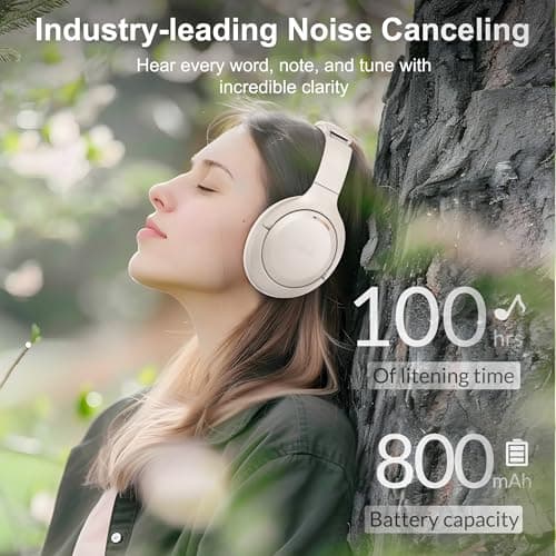 LORELEI QC60 Hybrid Active Noise Cancenlling Headphones,Wireless over ear Bluetooth Headsets with mic, 60H Playtime Foldable Lightweight, Deep Bass, Memory Earmuffs,for Travel Home Office(Beige White) — view 5