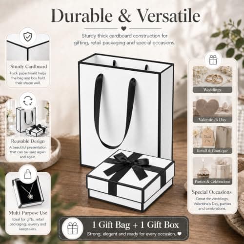 Gift Bag and Gift Box Set,7 x 9 x 3 cm Small White Jewellery Gift Box with Lid and Ribbon Bow,Gift Box with Soft Foam Insert for Rings,Earrings,Necklace,Birthdays and Weddings — view 5