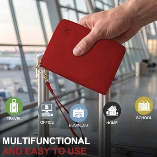 AOOSU Travel Wallet, Family Passport Holder, RFID Blocking Travel Accessories Document Organiser, Travels Document Holder for Tickets Waterproof Cover Holiday Essentials Case for Man & Woman Red — view 6