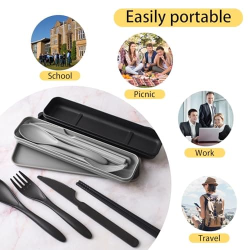 DIYJEP 2Pcs Plastic Reusable Cutlery Set Case, Portable (Black/Grey) — view 4