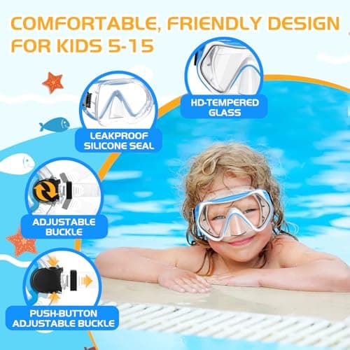 MELUMILU Kids Snorkel Set, Dry Snorkel Set 180° Panoramic Wide View Anti-Fog Scuba Diving Mask, for Kids Youth Boys Girls Junior Age 5-15 (Blue) — view 4