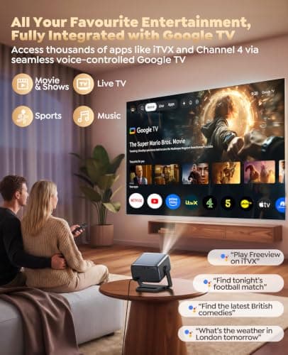 Google TV Projector for Bedroom, 36000Lumen Native 1080P 4K Decode, Smart Portable Home Cinema Projector Short Throw with 360° Stand,30W Speaker,AI Auto Image,6D Keystone, HDR10 Projectors for Outdoor — view 2