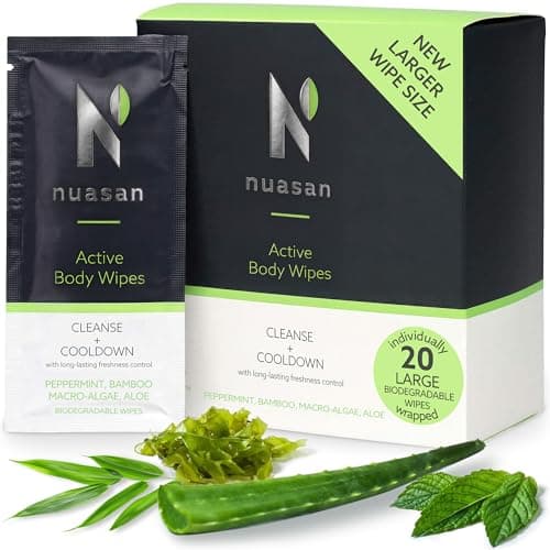 Nuasan Active Body Wipes for Men and Women - Full Body Cleansing for Camping, Hiking, Travel, Gym After Workout - No Rinse Bathing or Shower Wipe - Large Biodegradable Bamboo Adult Wet Wipes
