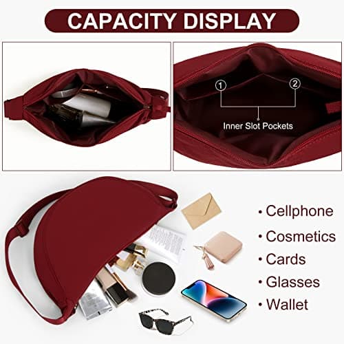 DKIIL NOIYB Crescent Bag for Women Men, Nylon Crescent Bags Hobos Crossbody Bag Portable Crescent Purse with Adjustable Strap Solid Color Chest Bag Shoulder Bag Fanny Packs, A07-wine Red, 31cm — view 5
