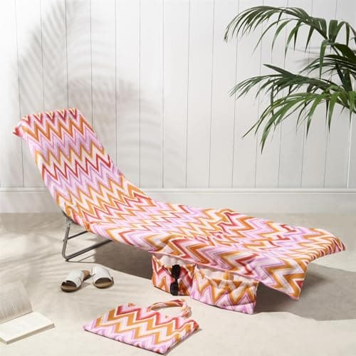 Brentfords Sun Lounger Towels with Pockets, Soft Quick Dry Towel Absorbent Lightweight Large Beach Towel in a Bag for Travel Poolside Beach Days Holiday Accessories, 75 x 215cm - Orange Zigzag