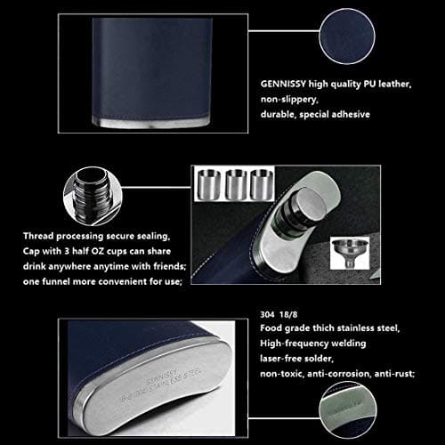 GENNISSY 8oz Hip Flask for Men - 304(18/8) Stainless Steel Bourbon Whiskey Flask, Leakproof with Navy Blue Leather Wrap - Includes Funnel & 3 Mini Cups for Dad, Gifts, Travel — view 4