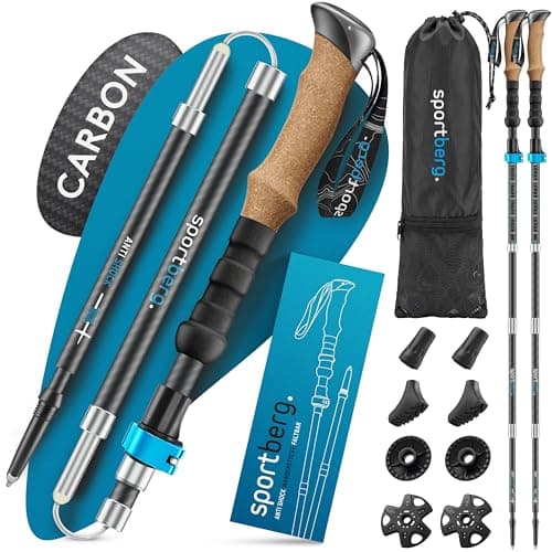 Folding Hiking Poles Carbon/Aluminium - Lightweight Nordic Walking Poles Women/Men up to 1.70 m Height - Height Adjustable with Cork Handle for Maximum Grip When Hiking & Outdoor Adventures