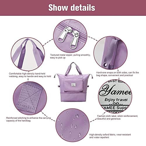 Large Capacity Folding Travel Bag - Lightweight Waterproof Carry On Luggage with Fixed Strap, Dry & Wet Separation - Foldable Travel Duffel Bag for Sports & Gym (Purple) — view 5