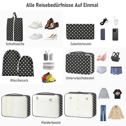 Suitcase Organiser Set, 10 Pieces Packing Cubes for Suitcase Travel Accessories Suitcase Organiser Set Clothes Bags Packing Cubes Cosmetic Travel Organiser Packing Bags for Suitcases White Dots — view 3