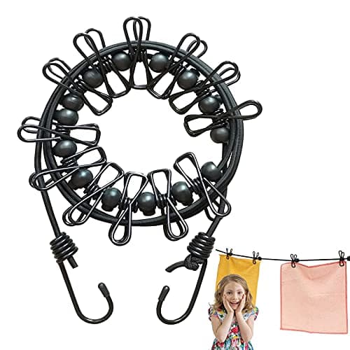 BODFPPC Travel Washing Line with 12 Clips, Portable Windproof Retractable Clothes Line Stretchy Elastic for Indoor Laundry Drying Clothesline,Outdoor Camping Accessories (Black)