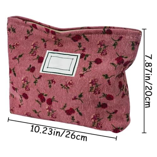 2 PCS Floral Makeup Bags Floral Cosmetic Bag Rose Flower Printing Corduroy Toiletry Bag Pink Quilted Cosmetic Pouch Makeup Organizer Cotton Portable Pouch with Metal Zipper for Women Girls — view 2