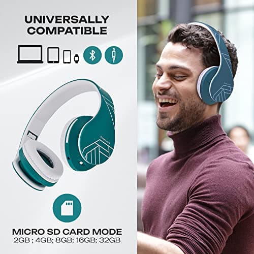 PowerLocus Bluetooth Over-Ear Headphones, Wireless Stereo Foldable Headphones Wireless and Wired Headsets with Built-in Mic, Micro SD/TF, FM for iPhone/Samsung/iPad/PC (Ocean Blue/White) — view 3