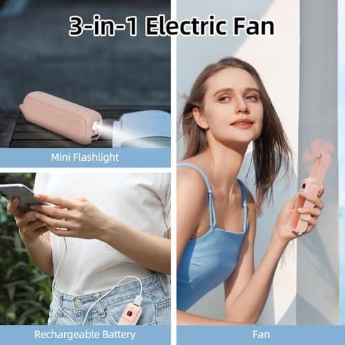 AUAUY Portable Handheld Fan, USB Rechargeable Foldable Fan, Pink — view 2