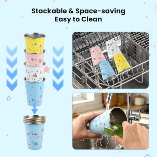 GEEKHOM Set of 4 Stainless Steel Cups for Kids, 350ml Reusable Children’s Metal Cups with Cleaning Brush, Tumblers with Fun Cartoon Prints, Perfect for Home School Camping Travel (4 Colors) — view 5