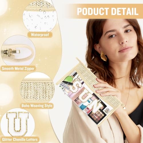 2 Pcs Boho Straw Clear Makeup Letter Pouch, Sunscreen Pouch for Beach Travel, Waterproof Beach Toiletry Sun Bag Accessories for Women — view 3