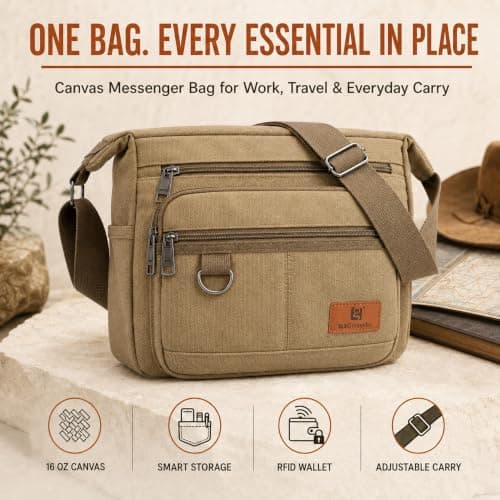W&G traveler Crossbody Messenger Bag Rfid Blocking, 13 inch Laptop Shoulder Bag, Casual Satchel Bag w/Water Bottle Holders, Built-in Wallet & Phone Pouch, Water Resistant, Khaki — view 3