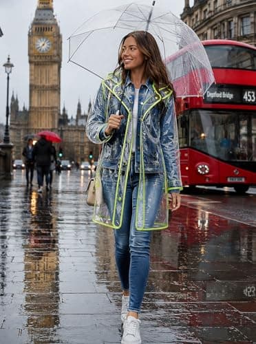 shelikes Women’s Raincoat Transparent Waterproof Rain Mac Jacket Clear Lightweight Raincoats with Hood & Pockets for Camping Outdoor Events & Travel Yellow — view 2