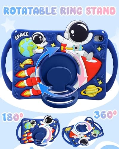 Kokaade Kids Case for iPad A16 11th (2025) /10th (2022) Generation 11 Inch - for Boys Girls Teens Cute Cartoon Astronaut Spaceship Silicone Case with Strap & Rotating Stand & Handle Tablet Cover — view 3