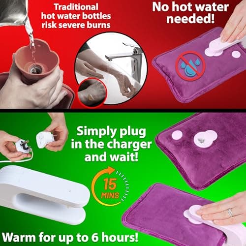 Rechargeable Electric Hot Water Bottle Heat Pad 6 Hour Warmth Temperature Control Detachable Lead Cosy Bed Warmer Hand Warmer Pouch Gifts (Purple) — view 5