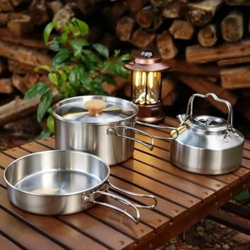 Stainless Steel Camping Cookware Set 3-Piece Non-Stick Outdoor Nesting Pot Pan Kettle Set Stainless Steel Camping Cookware Kit 3pcs Non-Stick Frying Pan Compact Stainless Steel Pot Set 16x16x23cm — view 3