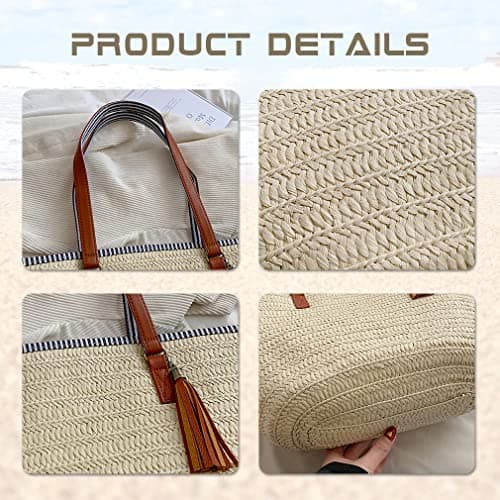 Pahajim Large Tote Bag with Zip Beach Bags for Women Straw Handbag Hand Woven Shoulder Bag for Travel, Holidays and Shopping — view 4