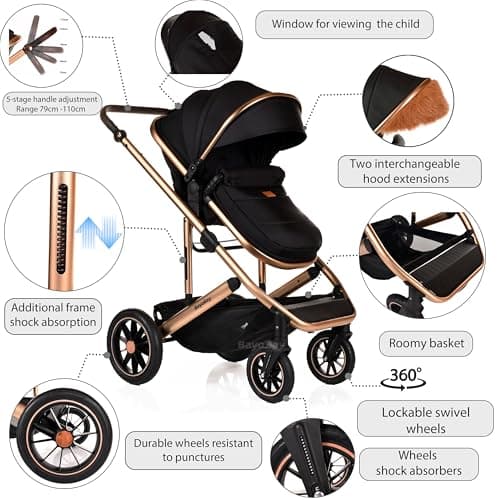 Baby 3 in 1 Travel System Pram with Car Seat Stroller 3 in 1 Buggy Pushchair Child Lightweight Folding Stroller Pram for Newborns Toddlers from Birth (Black Gold Frame) — view 4