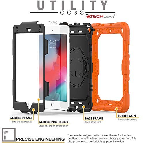 TECHGEAR UTILITY Case fits Apple iPad Mini 5th Gen 2019 / iPad Mini 4 Tough Rugged HEAVY DUTY Armour Shockproof Protect Case 360 Degree Rotating Stand, Hand Strap and Shoulder Strap Case - Orange — view 3