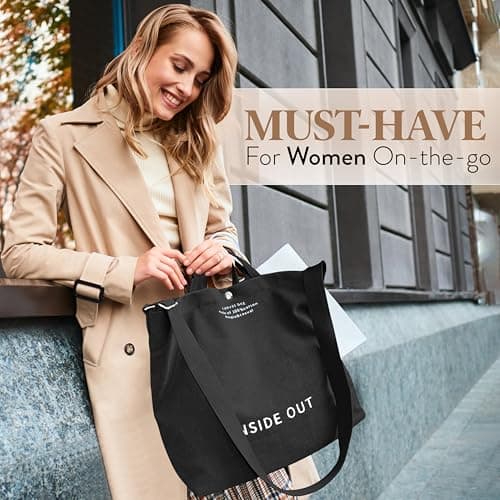 UNLOCKCUP Large Canvas Tote Bag for Women 3 Small Inside Pockets-Vintage Crossbody Handbag for Work, Beach, Travel-16oz Cotton, Black, One Size — view 2