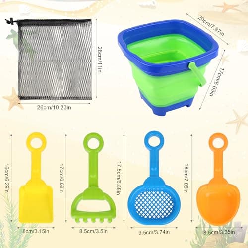 NQEUEPN 6pcs Beach Toys Set, Collapsible Bucket with 4 Shovels Sand Toys & Mesh Bag Foldable Portable Travel Beach Bucket Sand Toys for Kids Boys Girls Fun Summer Beach Party Activities (Blue) — view 2