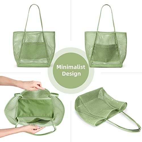 KALIDI Mesh Tote Bag,23L Beach Bag Extra Large Tote Bags for Women with Zip Pocket Shoulder Bag Summer Beach Bags Reusable Shopping Bag for Picnic Holiday Travel Grocery,green — view 2