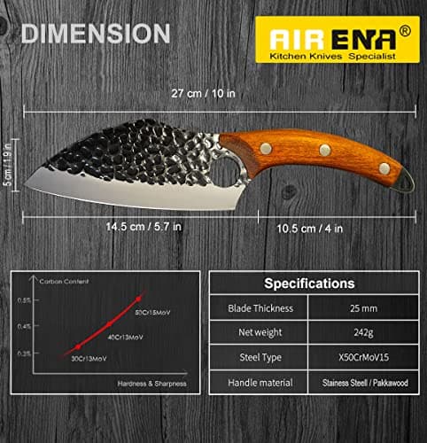 AIRENA Handmade Forged Kitchen Knives, Chefs Knife Set, High Carbon Steel Cook Knife - Full Tang Structure Wood Handle with Thickened Leather Sheath for Home, Camping, Gift Box — view 6