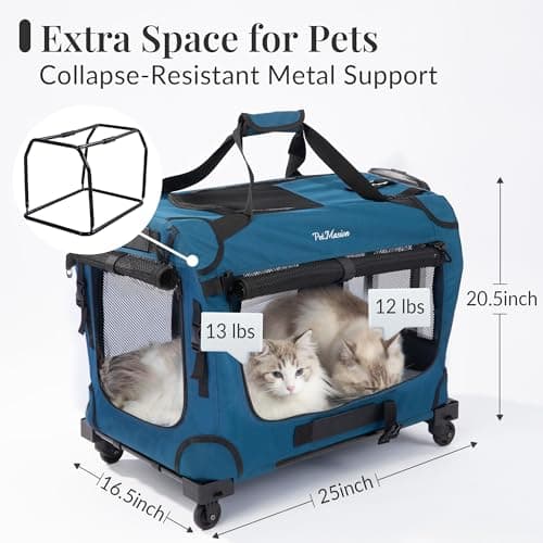 PetMasion Extra Large Rolling Cat Carrier with Wheels, Soft Sided Pet Dog Carrier on Wheels for Big Cat 20lbs+ 2 Cats, Car Travel Portable XL Wheeled Bag 25"x16.5"x20.5" — view 2