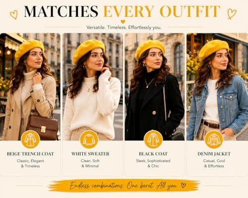 ITRAT Women's Beret Hat – Classic French Style Beret for Women, Soft Warm Wool Blend Ladies Fashion Hat, Elegant Parisian Winter Autumn Cap for Casual, Travel & Everyday Wear (Yellow) — view 6