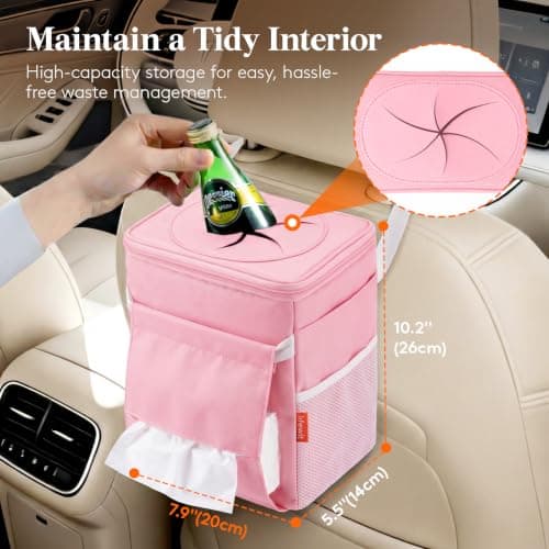 Lifewit Car Bin with Lid, Hanging Trash Bag with Tissue Holder, Pink — view 2