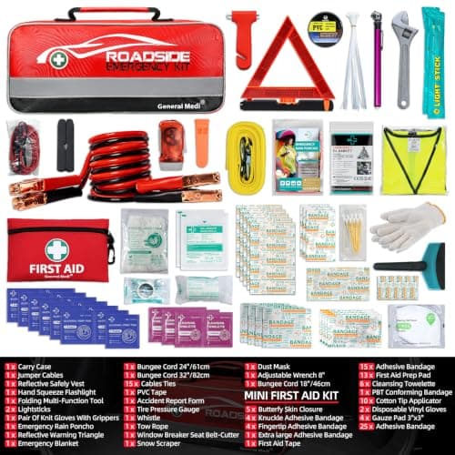 General Medi 127-Pieces Roadside Car Emergency Kit Include Mini First Aid Kit, Jumper Cables,Tow Rope, Bandage, Safety Vest, Emergency Triangle, All in One Pack — view 2