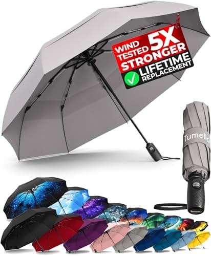 TUMELLA Strongest Windproof Travel Umbrella (Compact, 100MPH Wind-Tested), Light, Portable, One-Handed Use, Automatic Folding Rain Umbrella, Durable, Premium Grip, Fits Car & Backpack
