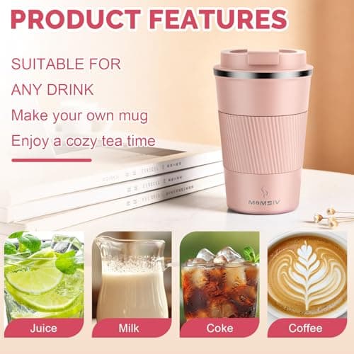 MOMSIV Coffee Cup, Insulated Coffee Cup with Leakproof Lid, Non-Slip Vacuum Reusable Stainless Steel Eco-Friendly Travel Office Mug for Hot and Cold Water Coffee and Tea, 380ml/13oz(Pink) — view 4