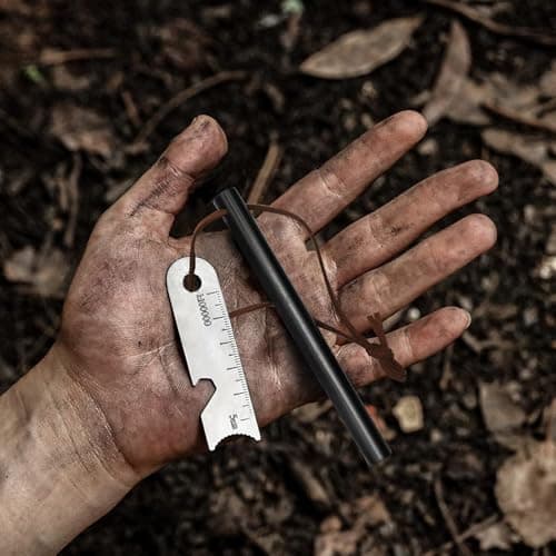 BCHARYA Round Solid Ferro Rod & Jumbo Tinder Rope, Survival Igniter with Neck Lanyard & Multi-Tool Striker Lanyard, Pocket Fire Bellow — view 2