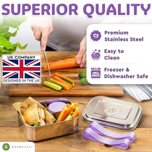 Everusely - Bento Box - Lavender, 47oz / 1.4 L - Large Stainless Steel Lunch Box & Leakproof Condiment Holder - 3 Compartment Snack Container Office Meals - Freezer & Dishwasher Safe — view 3