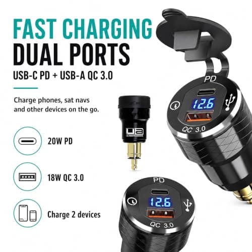 UltimateAddons Motorcycle DIN Hella USB Charger with Voltmeter – 38W USB-A QC 3.0 & USB-C PD Fast Charger for BMW, Triumph & Compatible Motorcycles — view 2